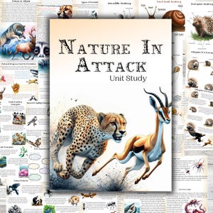 May include: A colorful educational poster titled "Nature in Attack: Unit Study" featuring a cheetah chasing a gazelle. The poster includes illustrations of various animals and their adaptations for hunting and defense.