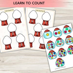 Puede incluir: Hojas de actividades educativas imprimibles tituladas LEARN TO COUNT que muestran ilustraciones de máquinas de chicles numeradas del 1 al 10 y una hoja separada con máquinas recortables que contienen chicles de colores.