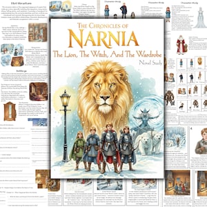May include: A study guide for the novel "The Chronicles of Narnia: The Lion, the Witch, and the Wardrobe." The cover shows a lion, children, and the words "Novel Study."