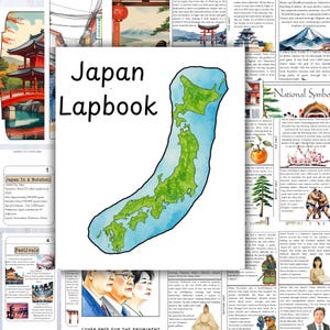 Pode incluir: Um lapbook colorido intitulado "Japan Lapbook" com um mapa em aquarela do Japão. O mapa é verde e azul. O livro inclui texto e imagens sobre o Japão, incluindo festivais e símbolos nacionais.