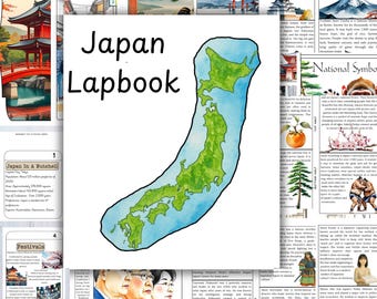 Pode incluir: Um lapbook colorido intitulado "Japan Lapbook" com um mapa em aquarela do Japão. O mapa é verde e azul. O livro inclui texto e imagens sobre o Japão, incluindo festivais e símbolos nacionais.