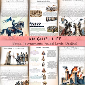 May include: An illustrated page from a book about medieval knights. The page features text, illustrations of knights in battle, and a diagram of the feudal hierarchy.