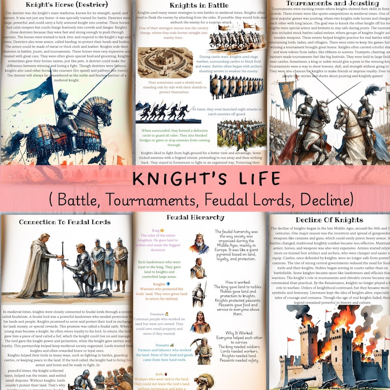 May include: An illustrated page from a book about medieval knights. The page features text, illustrations of knights in battle, and a diagram of the feudal hierarchy.