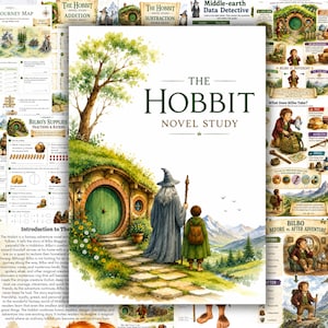 May include: A The Hobbit Novel Study educational workbook cover featuring a watercolor illustration of a wizard and a small figure standing before a round green door in a grassy hill, with mountains in the distance and the title text centered.