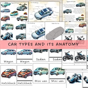 May include: A colorful educational poster titled "CAR TYPES AND ITS ANATOMY" displays various car illustrations, including convertibles, wagons, hatchbacks, and mini vans. The poster also features diagrams of car anatomy and motorcycle types.