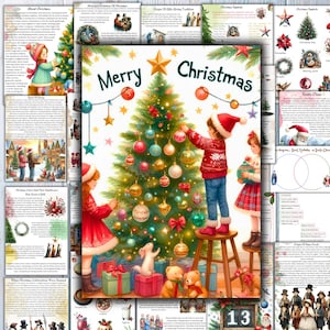 May include: A vintage-style illustration of two children decorating a Christmas tree with ornaments. The tree is adorned with red, green, blue, and gold ornaments. The children are wearing red and blue clothing. The text "Merry Christmas" is written above the tree.