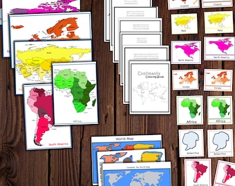 May include: A set of printable continent maps for kids. The maps are color-coded and include outlines of each continent. The set also includes a world map and a coloring book.