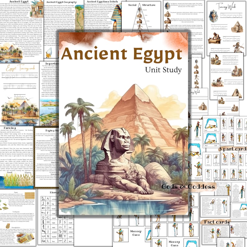 May include: A colorful printable unit study about Ancient Egypt. The cover features a watercolor illustration of the Sphinx and a pyramid. The unit includes activities such as tracing, word searches, memory games, and fact cards. The text on the cover reads "Ancient Egypt Unit Study".