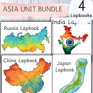 Pode incluir: Um pacote de unidades da Ásia com quatro cadernos. Cada caderno mostra um mapa em aquarela de um país: Rússia, Índia, China e Japão. Os mapas são em cores vibrantes, com os nomes dos países impressos acima.