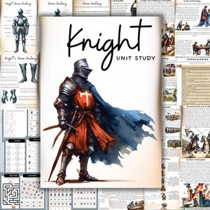 Può includere: Illustrazione ad acquerello di un cavaliere in armatura completa, con due spade, con una tunica rossa e un mantello blu. Il titolo "Knight Unit Study" è visualizzato in una scrittura elegante. Pagine circostanti con contenuti educativi.