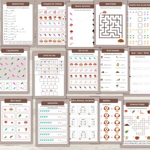 May include: A collection of educational worksheets for children. The worksheets feature various activities, including missing vowels, pattern completion, shadow matching, mazes, and addition problems. The pages are decorated with colorful illustrations of mushrooms and other playful elements.