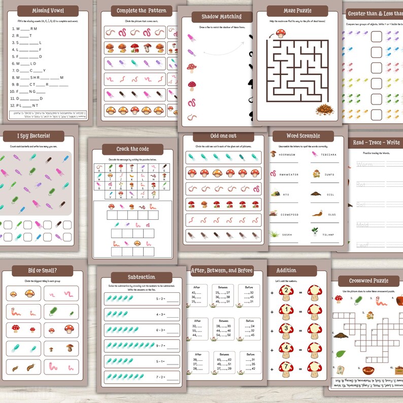 May include: A collection of educational worksheets for children. The worksheets feature various activities, including missing vowels, pattern completion, shadow matching, mazes, and addition problems. The pages are decorated with colorful illustrations of mushrooms and other playful elements.