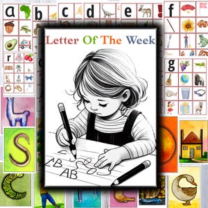 May include: A black and white illustration of a young girl writing the letter "A" on lined paper. The text "Letter Of The Week" is at the top of the image.