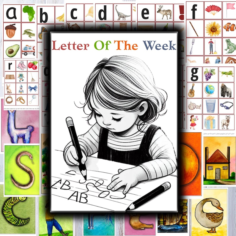 May include: A black and white illustration of a young girl writing the letter "A" on lined paper. The text "Letter Of The Week" is at the top of the image.
