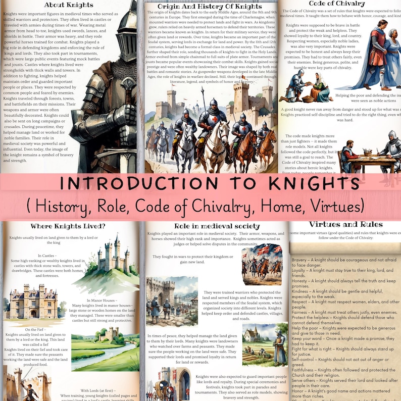 May include: An educational poster about knights, featuring text and illustrations. It covers topics like their history, code of chivalry, and role in medieval society. The poster includes images of knights in armor and castles.