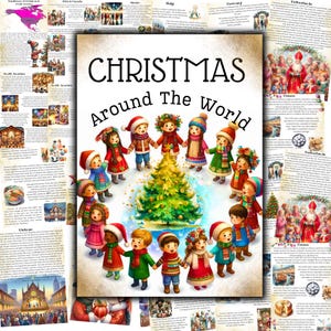 Puede incluir: Una ilustración colorida de niños de todo el mundo celebrando la Navidad. Los niños visten ropa tradicional y se toman de la mano en un círculo alrededor de un árbol de Navidad. El texto "Christmas Around The World" está en la parte superior de la imagen.