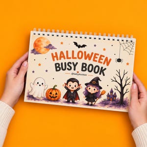 May include: A spiral-bound Halloween Busy Book with a cream-coloured cover featuring illustrations of a ghost, a jack-o'-lantern, a vampire, a witch, a haunted house, and a spider web. The text reads HALLOWEEN BUSY BOOK and @babykookoo.