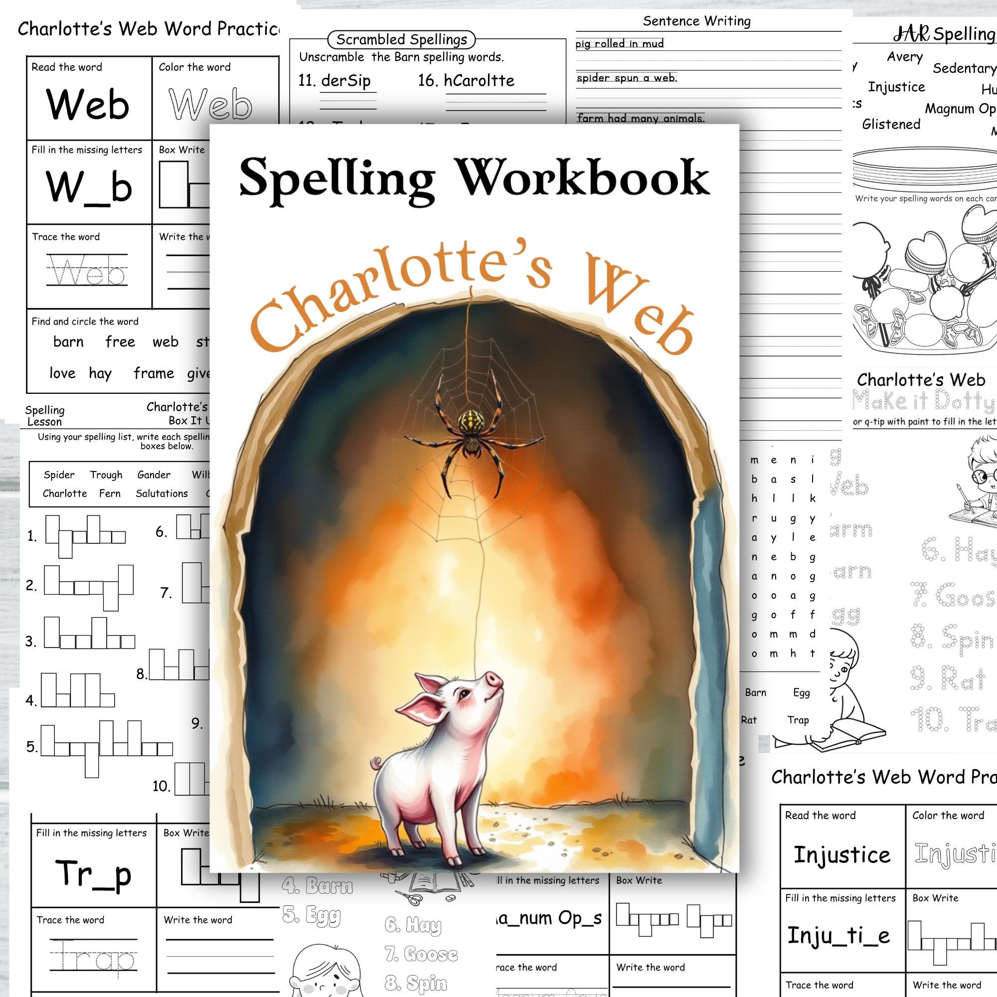 Práctica de vocabulario de La telaraña de Carlota, Fichas de literatura,  Informe de libro, Cuaderno de práctica de ortografía de La telaraña de  Carlota - Etsy México, image size:2000x2000