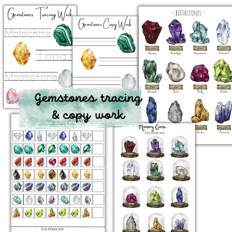May include: A printable worksheet for kids to learn about gemstones. The worksheet includes tracing and copy work activities, a memory game, and a chart of birthstones. The chart includes images of gemstones such as amethyst, aquamarine, diamond, emerald, garnet, pearl, ruby, and topaz.