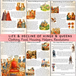 Pu&ograve; includere: Poster educativo sui re e le regine, con illustrazioni e testo su argomenti come abbigliamento, cibo e rivoluzioni. Il poster include immagini di corone, castelli e personaggi storici, con testo in italiano.