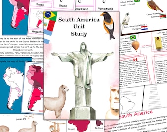 May include: A colorful educational poster about South America. The poster features a map of South America, a picture of Christ the Redeemer statue in Rio de Janeiro, Brazil, and various animals native to the continent, including an alpaca, a sloth, and a guinea pig. The poster also includes text about the geography, history, and culture of South America.