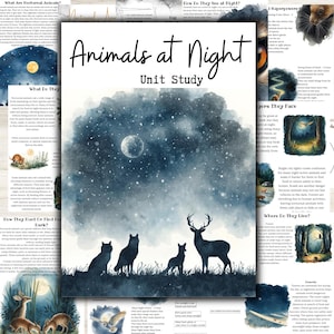 Op de afbeelding: Een unit study getiteld "Animals at Night" met een aquarel illustratie van een nachtelijke hemel, maan en silhouetten van een hert, wolven en een vos. De tekst "Unit Study" staat onder de titel.