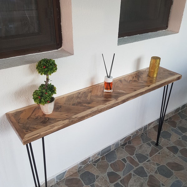 Herringbone Console Table *Narrow* Made from Reclaimed Wood Industrial Style - Hallway Table, 3-Rod steel hairpin legs!!