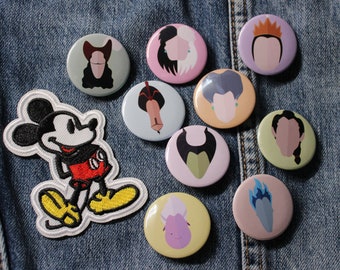 Disney Villains Button Pins, Buttons, Disney Gift, Disneyland Merch, Backpack - Bookbag - Clothing Accessories, Minimalist Art, Party Favors