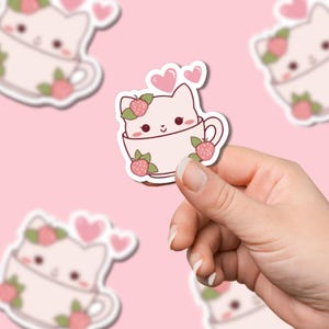 Cat in a Cup Sticker, Cute Sticker, Kawaii Sticker, Waterproof Sticker, Girly Sticker, Kawaii Strawberry Sticker, Pet Lover Gift, Girl Gift