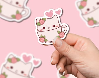 Adesivo de gato em um copo, adesivo fofo, adesivo kawaii, adesivo à prova d'água, adesivo feminino, adesivo de morango kawaii, presente para amantes de animais de estimação, presente para meninas
