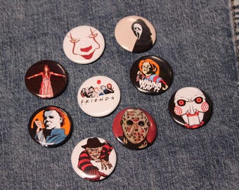 Scary Movie Button Pins, Scary Movie Party, Scary Movie Party Favors, Halloween Gifts, Backpack Pins, Halloween Merch, Halloween Pins