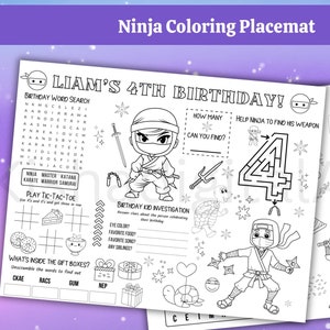 Personalisierte Ninja Kinder Aktivität Blatt Tischset Geburtstagsparty bedruckbar, Kindergeburtstag Färbung Partybevorzugung Aktivität, digitaler Download