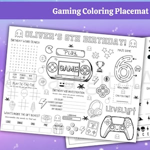 Personalized Gaming Kids Activity Sheet Placemat Birthday Party Printable, Kid Birthday Coloring Party favor Activity, Digital Download