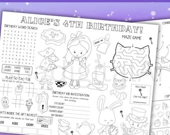 Alice in Wonderland activiteitenplacemat voor kinderen • Gepersonaliseerde afdrukbare verjaardag • Direct downloaden