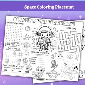 Puede incluir: Salvamanteles imprimible en blanco y negro con temática espacial con un laberinto, una búsqueda de palabras, un tic-tac-toe y otras actividades. El salvamanteles presenta un astronauta de dibujos animados y dice "¡Feliz cumpleaños número 6 de Oliver!"