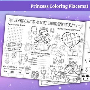 Personalized Princess Kids Activity Sheet Placemat Birthday Party Printable, Kid Birthday Coloring Party favor Activity, Digital Download