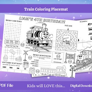 Peut inclure: Set de table imprimable en noir et blanc sur le thème du train avec des pages à colorier, une recherche de mots, un labyrinthe et un jeu de tic-tac-toe. Le set de table est conçu pour une fête d'anniversaire d'un enfant de 4 ans et comprend le nom "Liam".