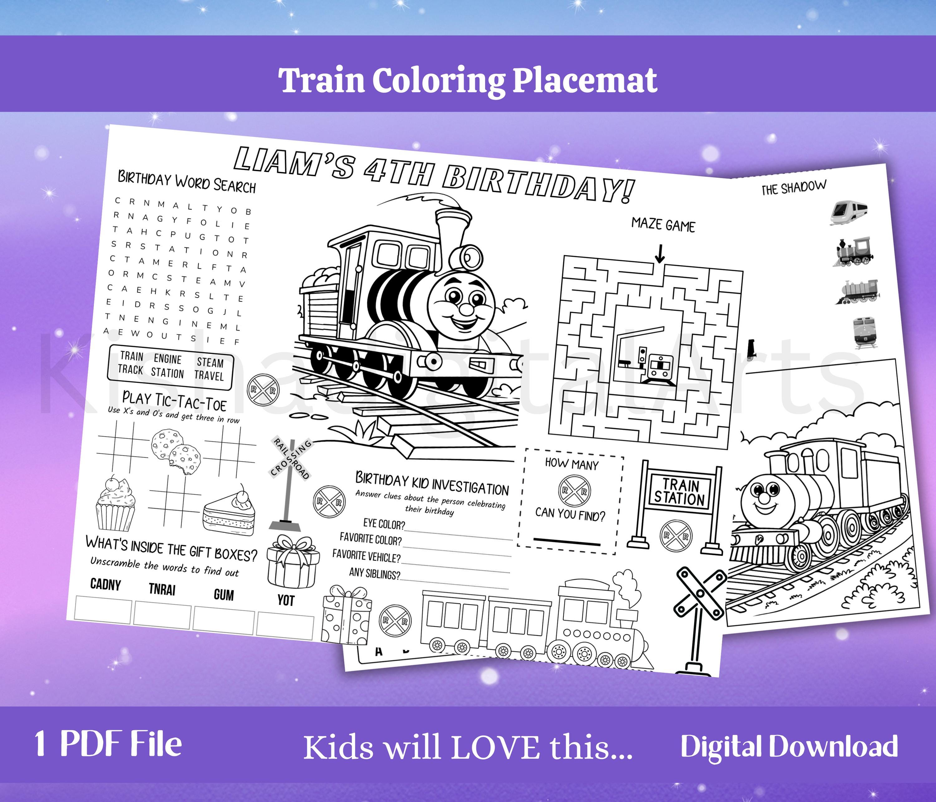 Personalized Train Birthday Activity Placemat, Kids Coloring Page…