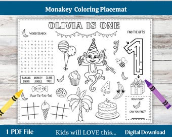 Personalized Monkey Banana Birthday Coloring Activity Sheet (Digital Download)