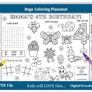 Personalized Bugs Birthday Party Activity Sheet Kids Printable Party Favor, Bugs Insects Birthday Party Coloring Sheet, Digital Download