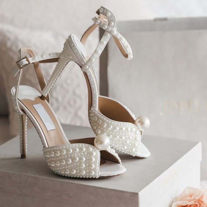 Pearl Open Toe High Heels Sandalpearl Heels Bridebridal - Etsy UK