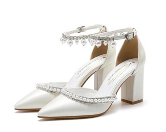 Women's Wedding Shoes Chunky Strappy Pearl Pointed Toe Bridal Shoes