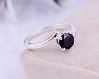 Black Spinel Ring Round Shaped Solitaire Engagement Ring