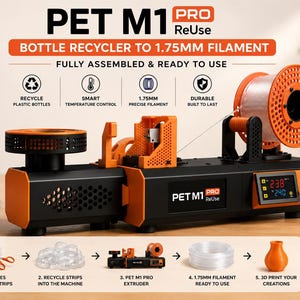 May include: The PET M1 Pro ReUse bottle recycler is a black and orange machine designed to convert plastic bottles into 1.75mm filament. It features a digital temperature display, a spool holder, and a process diagram showing the steps from cutting bottles to 3D printing.