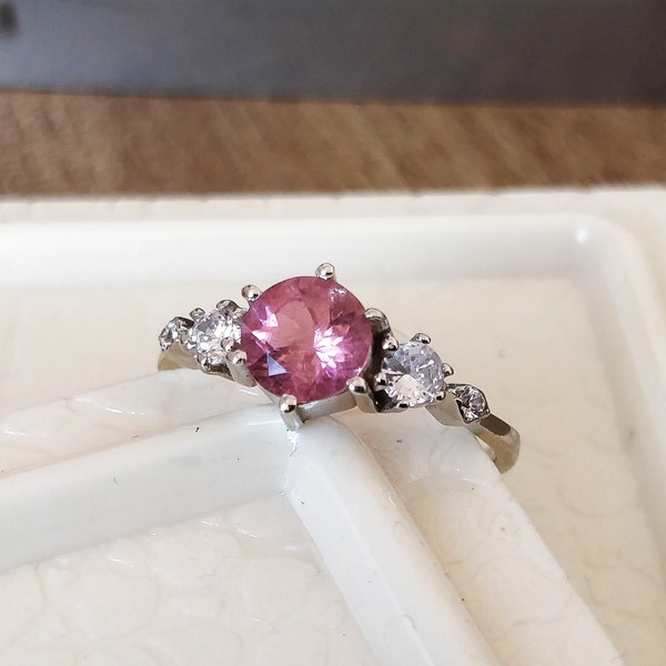 Natural Pink Tourmaline Ring, Valentine Day Gift, Round cut Pink Tourmaline designer Ring, 925 Sterling Silver Fine Pink color Gemstone Ring