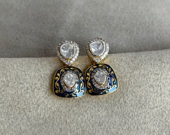 Diamond Studded Blue Enamel Dangle Drop Earrings, Valentine's day gift, Uncut Diamond Dangle Drop earrings, Sterling silver enamel Earrings
