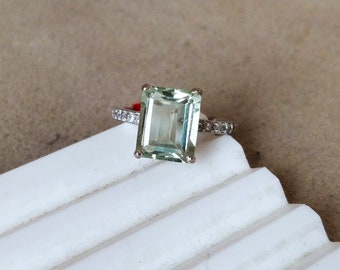 Natural Green Amethyst Ring - Christmas Day Gift Solitaire Ring - Emerald cut Prasiolite Green Amethyst Ring  - Green stone Handmade Ring