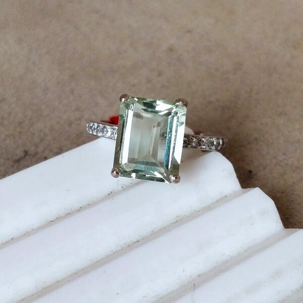 Natural Green Amethyst Ring - Christmas Day Gift Solitaire Ring - Emerald cut Prasiolite Green Amethyst Ring  - Green stone Handmade Ring