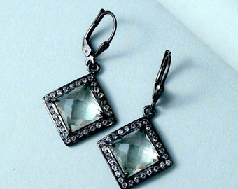 Boucles d'oreilles carrées en améthyste verte de 8 mm, cadeau de la Saint-Valentin, boucles d'oreilles Halo en topaze blanche, boucles d'oreilles pendantes en forme de cerf-volant, boucles d'oreilles Prasiolite