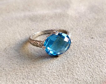 Natural Swiss blue Topaz Ring, Christmas Day Gift, Blue topaz Solitaire Ring Sterling Silver Ring, Swiss Blue Topaz Oval Checkerboard Ring